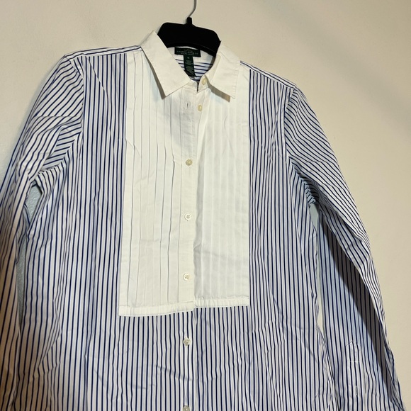 Ralph Lauren LRL Blue & White Pinstripe Bib Button Front Long Sleeve Shirt M - Picture 3 of 5
